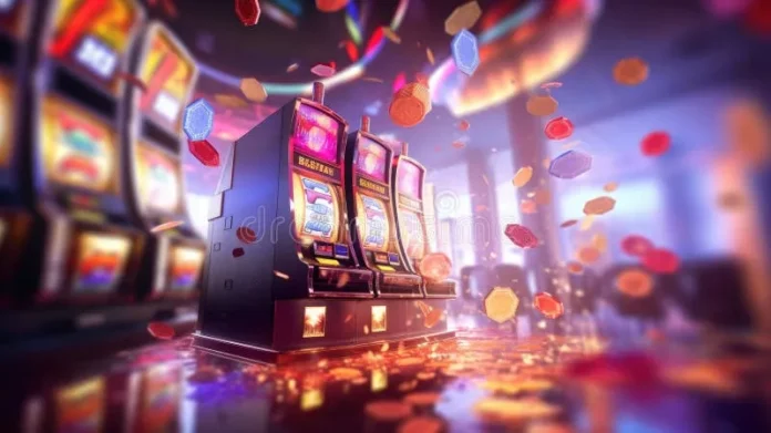 Slot Machine Screen with Virtual Visual Effect. Blurred Casino on
