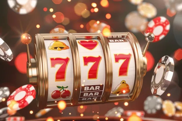 Slot machine wins the jackpot 777 in casino with flying chips