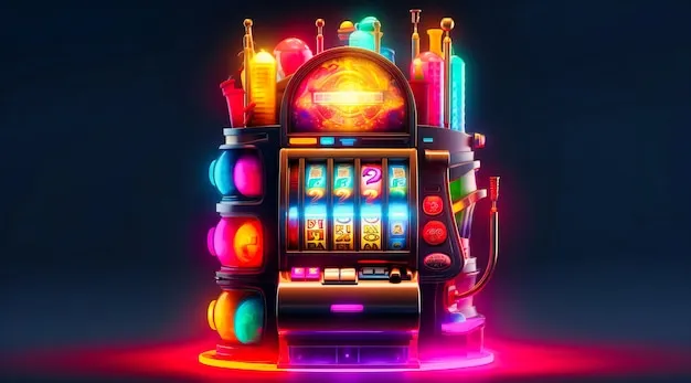 Uma slot machine de cassino deslumbra com luzes vibrantes contra