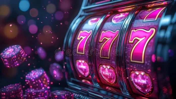 Slot Machine Isolated on Dark Purple Background. Online Casino